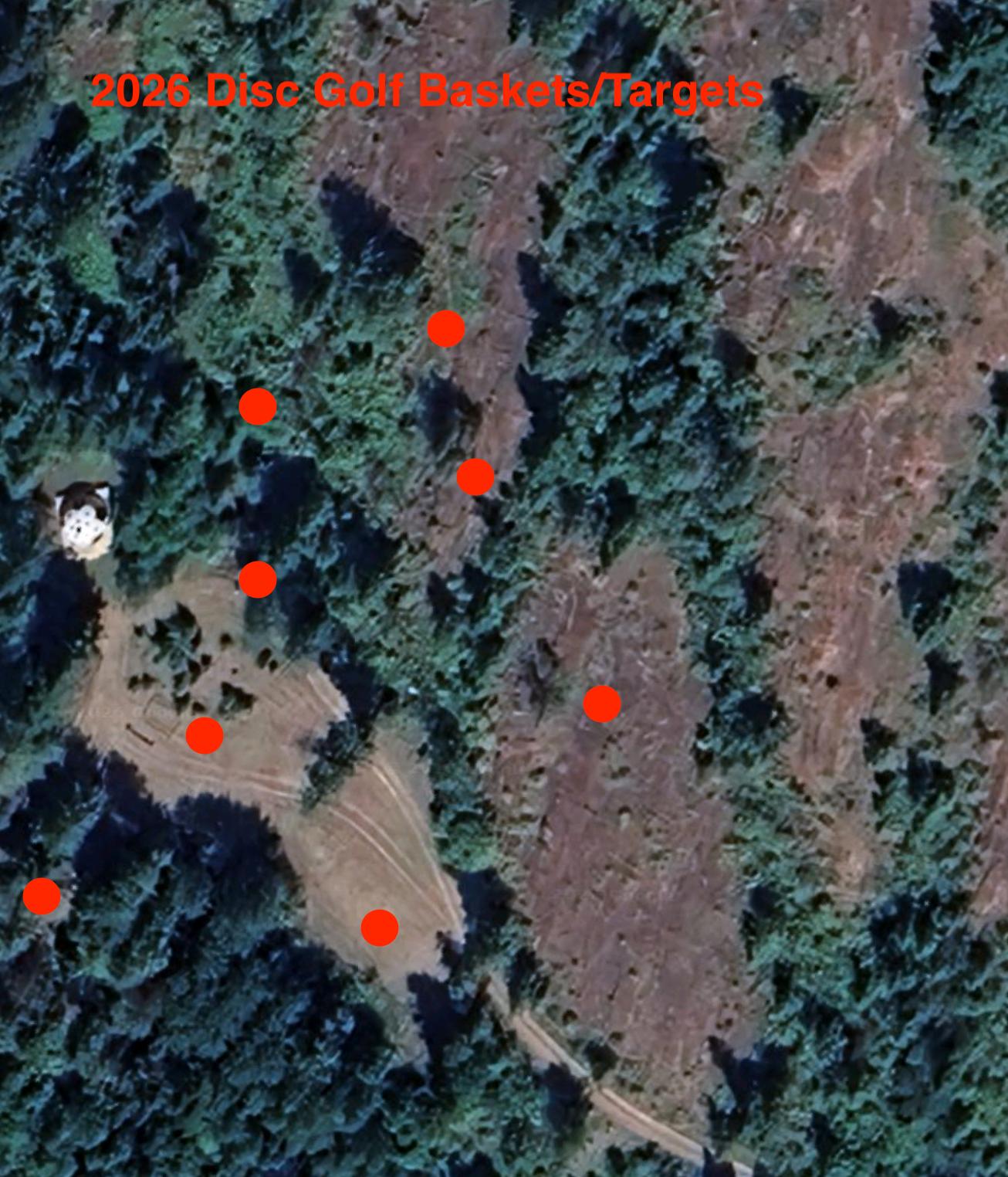 2026 disc golf course layout — aerial view showing all 8 basket locations
